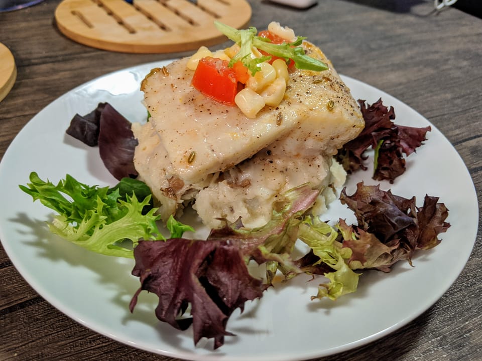 Halibut Poached in Duck Fat with Corn Salad